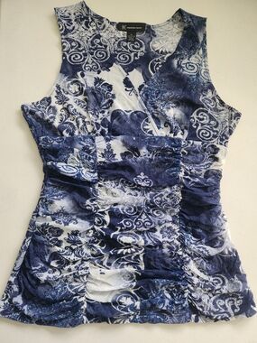 INC International Concepts Blue & White Printed Ruched Top
